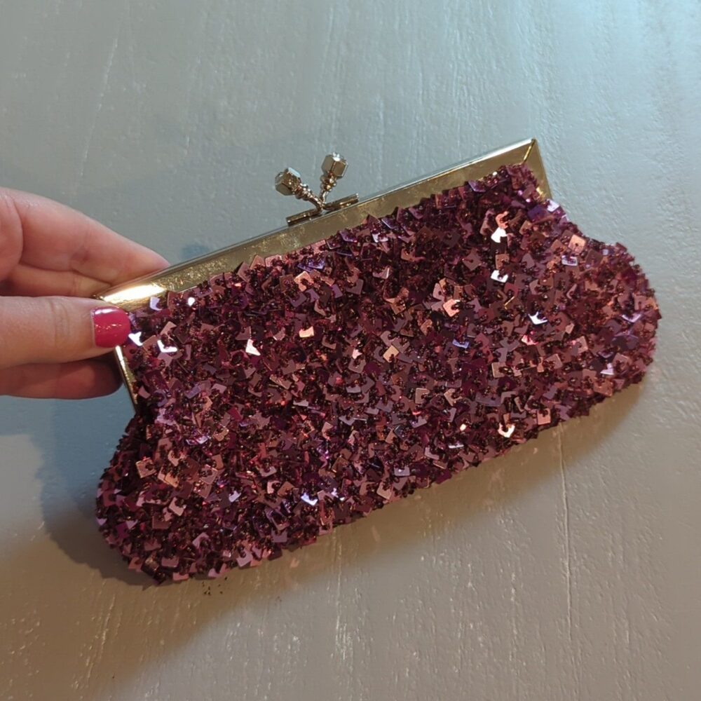 Pink Sequin Evening Clutch Bag with Chain Strap